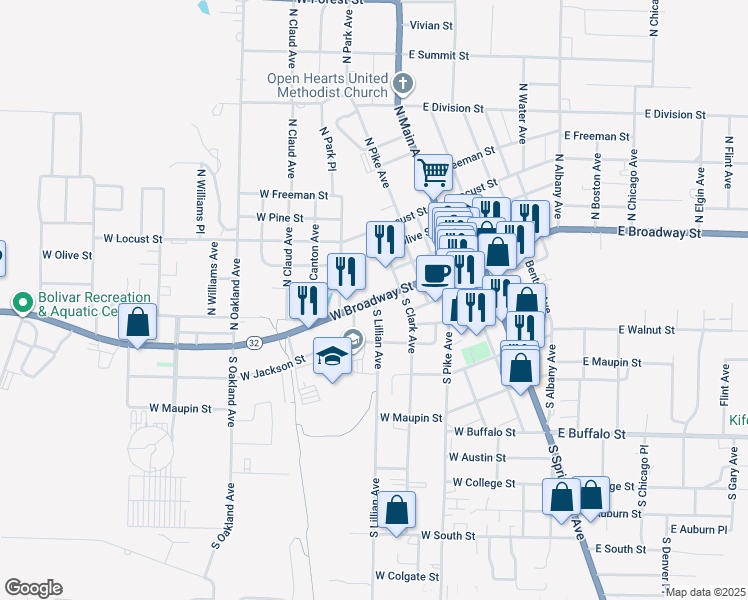map of restaurants, bars, coffee shops, grocery stores, and more near 101 South Lillian Avenue in Bolivar