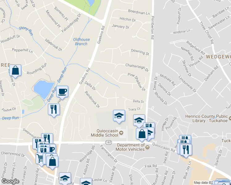 map of restaurants, bars, coffee shops, grocery stores, and more near 1603 Tobak Court in Henrico