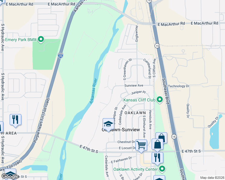 map of restaurants, bars, coffee shops, grocery stores, and more near 4433 South Wood River Street in Wichita