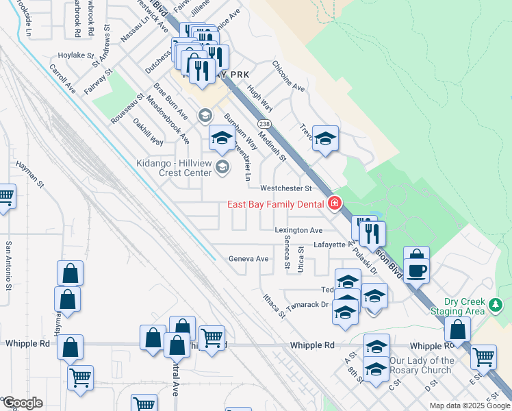 map of restaurants, bars, coffee shops, grocery stores, and more near 31932 Olean Street in Hayward