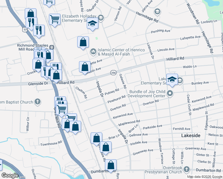 map of restaurants, bars, coffee shops, grocery stores, and more near 2923 Putney Road in Richmond