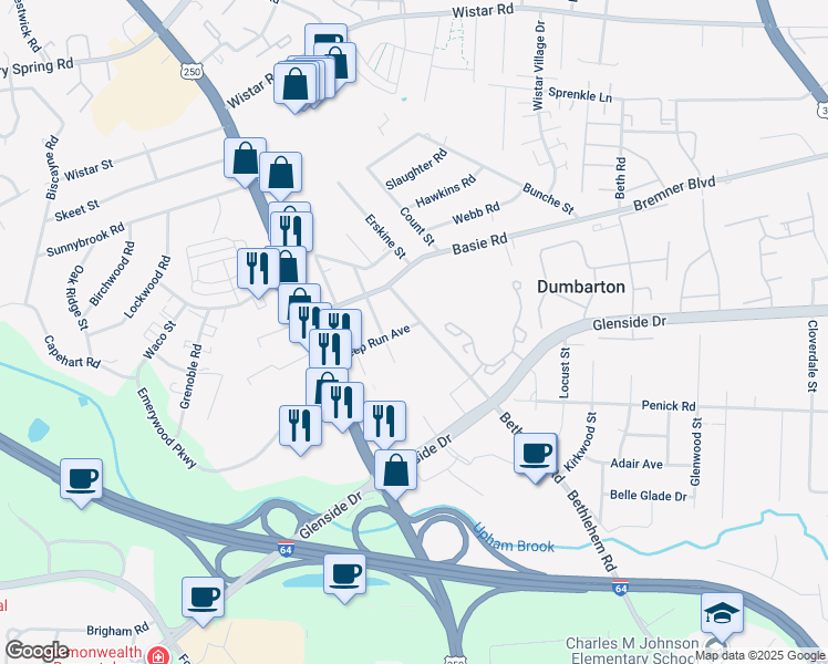 map of restaurants, bars, coffee shops, grocery stores, and more near 7125 Bethlehem Road in Richmond