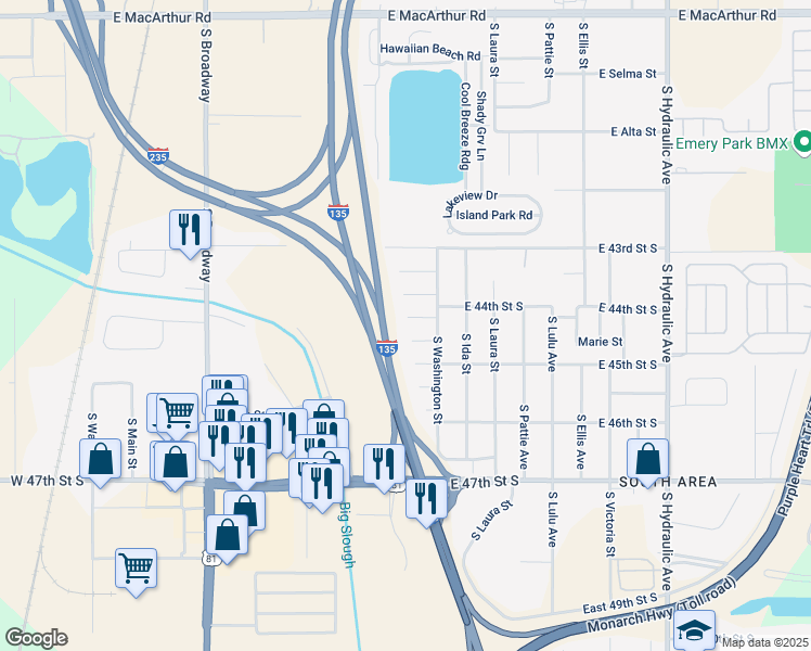 map of restaurants, bars, coffee shops, grocery stores, and more near 4531 South Washington Court in Wichita