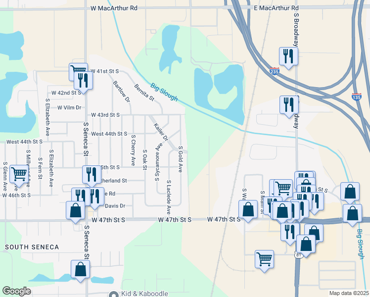 map of restaurants, bars, coffee shops, grocery stores, and more near 4532 South Gold Street in Wichita