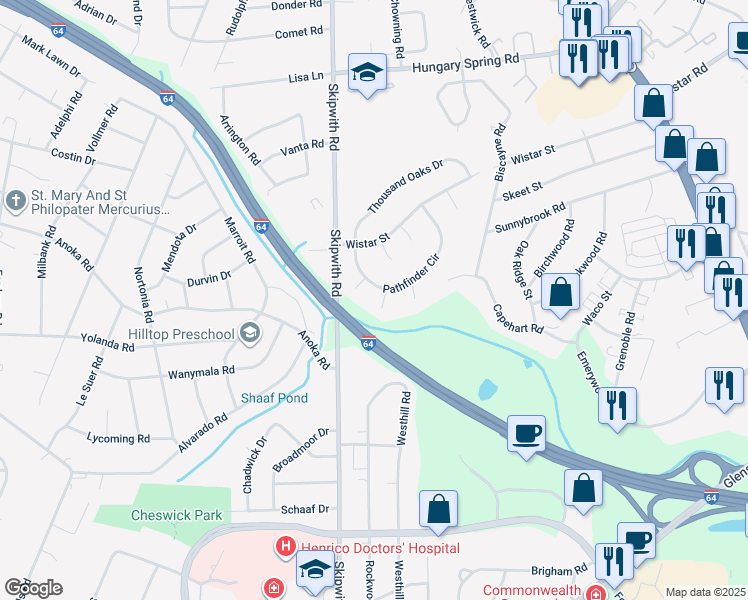map of restaurants, bars, coffee shops, grocery stores, and more near 2302 Pathfinder Place in Richmond