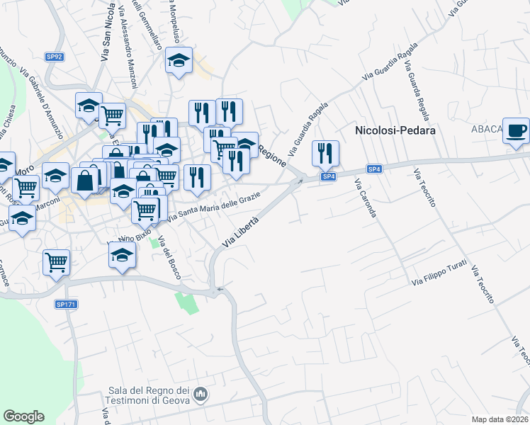 map of restaurants, bars, coffee shops, grocery stores, and more near 24 Via Libertà in Mascalucia