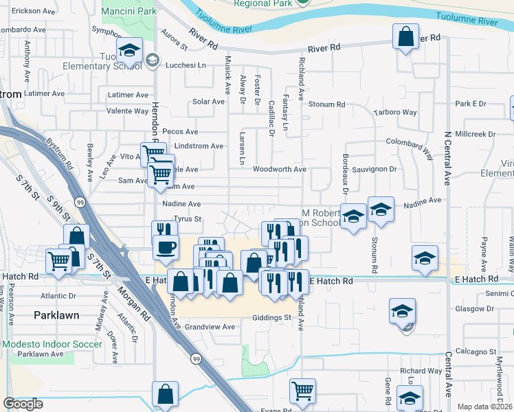 map of restaurants, bars, coffee shops, grocery stores, and more near 1610 Nadine Avenue in Modesto