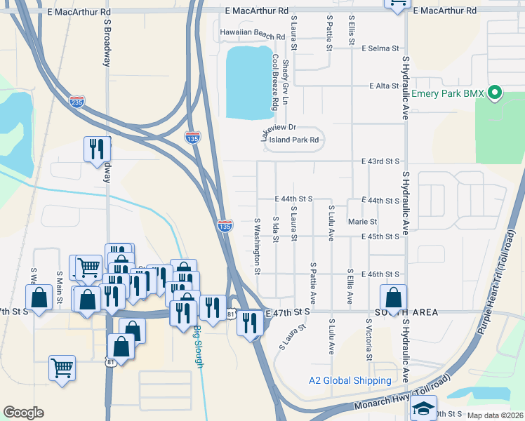 map of restaurants, bars, coffee shops, grocery stores, and more near 4530 South Washington Avenue in Wichita