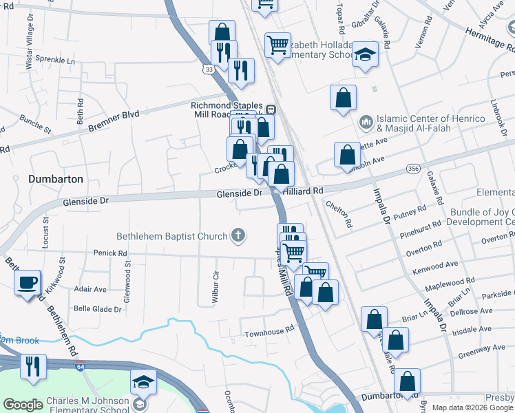 map of restaurants, bars, coffee shops, grocery stores, and more near 111 Greencourt Road in Richmond