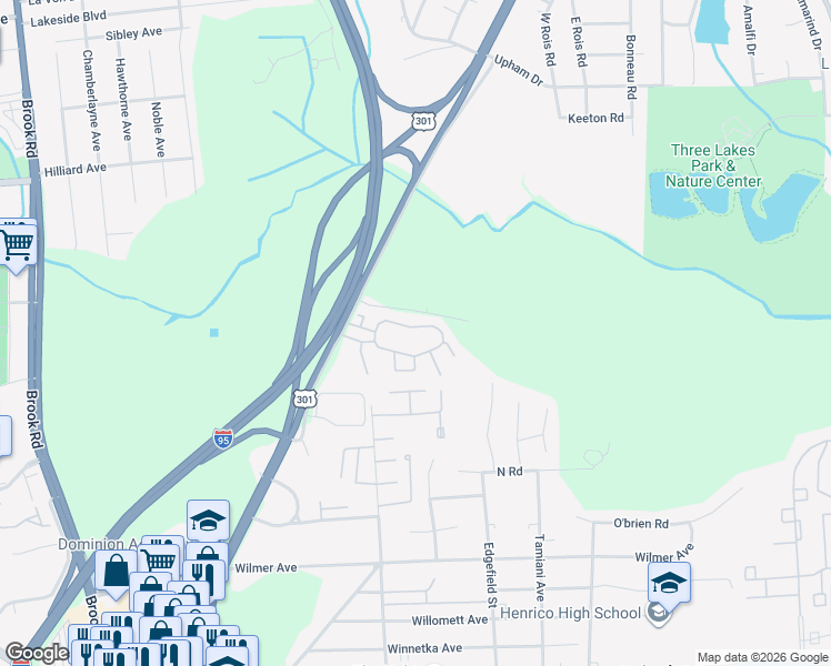 map of restaurants, bars, coffee shops, grocery stores, and more near 5946 Grammarcy Circle in Richmond
