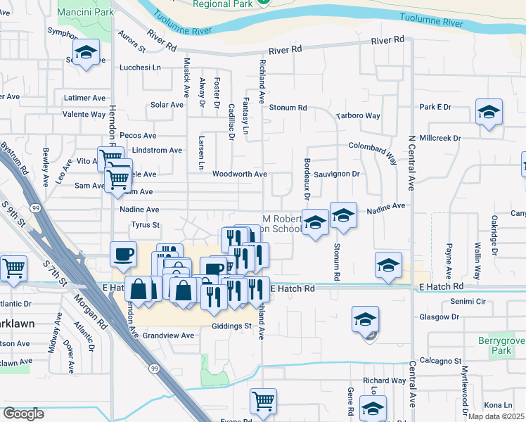 map of restaurants, bars, coffee shops, grocery stores, and more near Richland Ave & Nadine Ave in Ceres