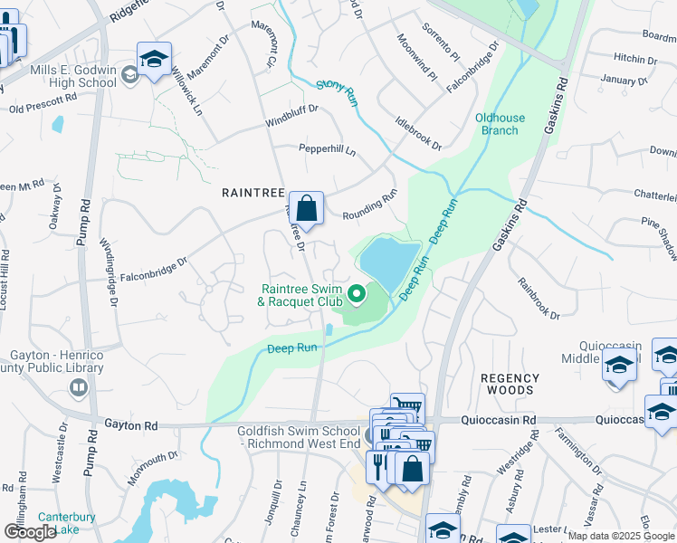 map of restaurants, bars, coffee shops, grocery stores, and more near 1743 Raintree Commons Drive in Richmond