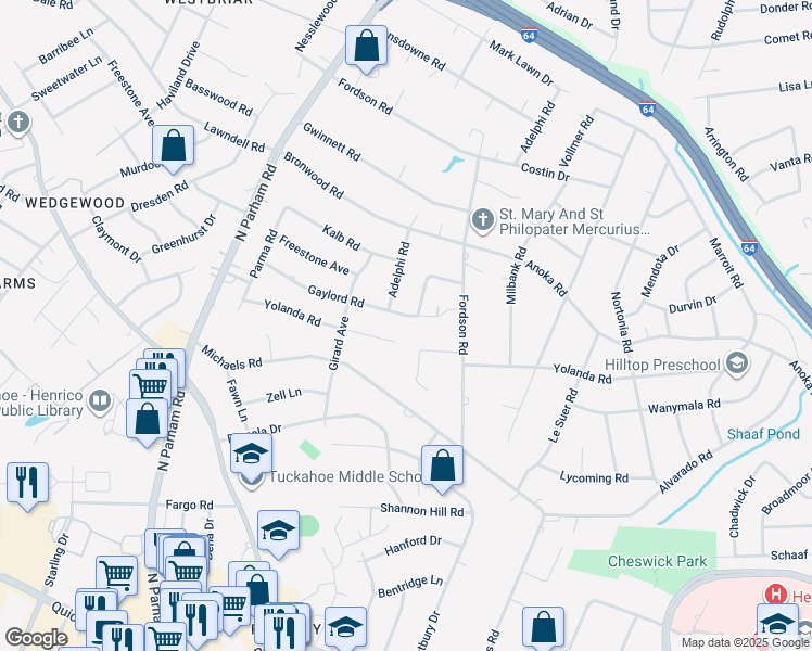 map of restaurants, bars, coffee shops, grocery stores, and more near 8301 Gaylord Road in Richmond