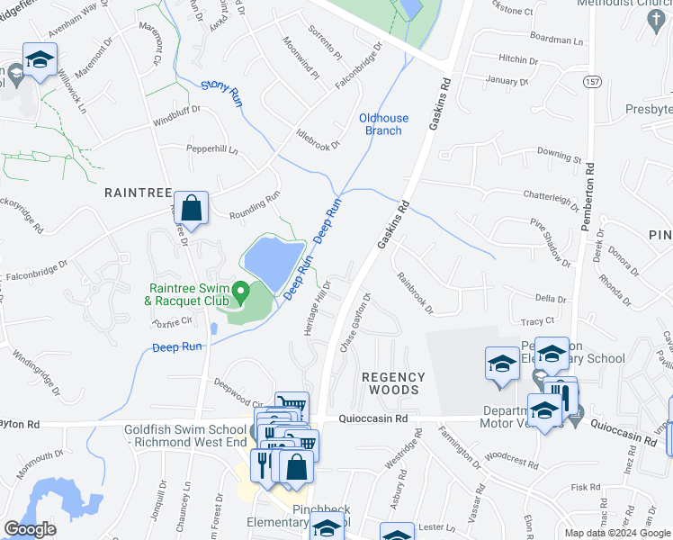 map of restaurants, bars, coffee shops, grocery stores, and more near 1662 Heritage Hill Drive in Henrico