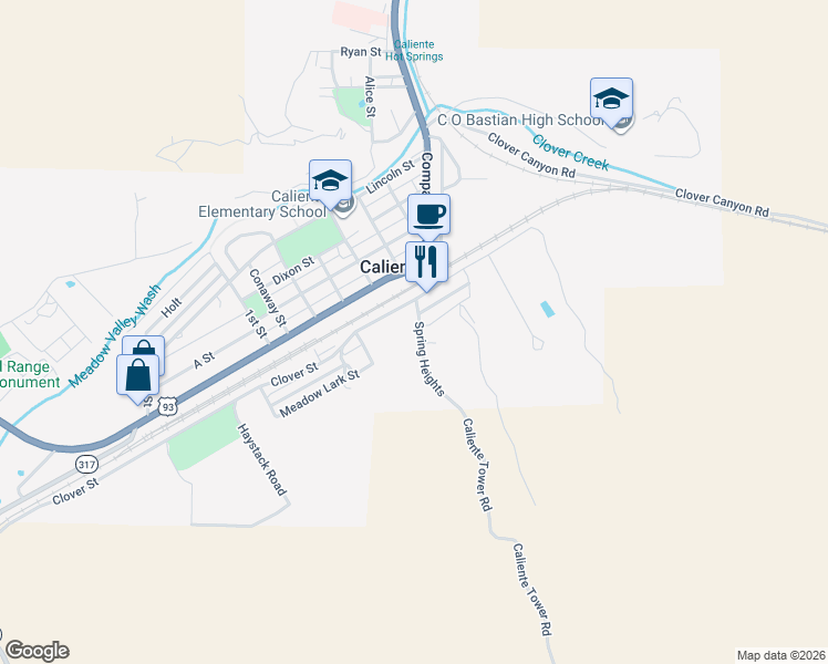 map of restaurants, bars, coffee shops, grocery stores, and more near Spring Heights in Caliente