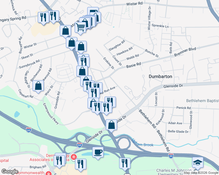 map of restaurants, bars, coffee shops, grocery stores, and more near 7201 Harrison Avenue in Richmond
