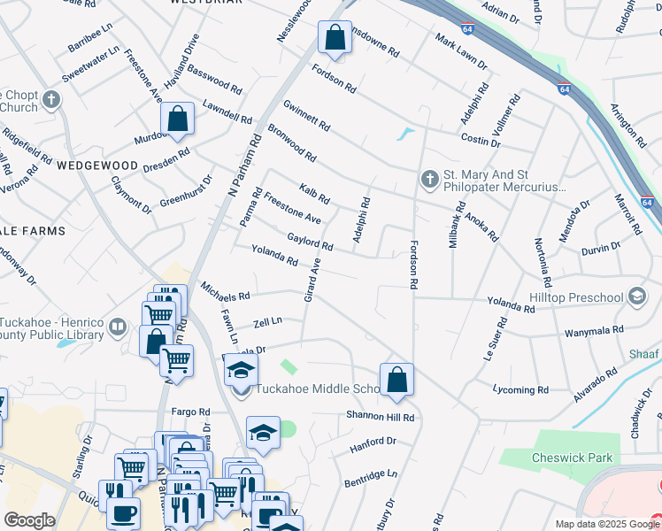 map of restaurants, bars, coffee shops, grocery stores, and more near 8318 Yolanda Road in Richmond