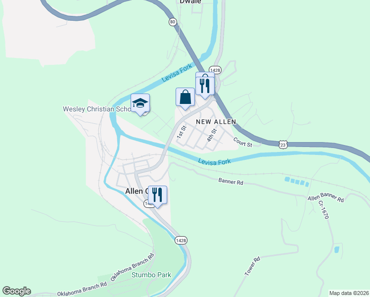 map of restaurants, bars, coffee shops, grocery stores, and more near 104 South River Street in Allen