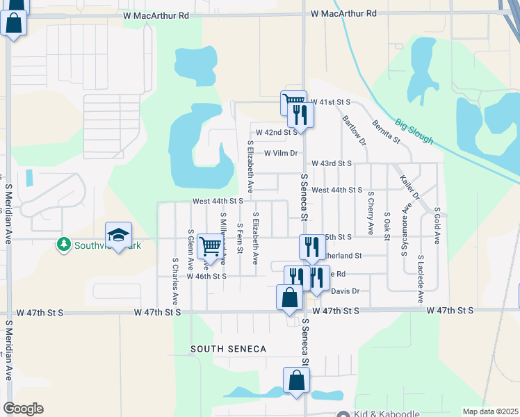 map of restaurants, bars, coffee shops, grocery stores, and more near 4510 South Elizabeth Avenue in Wichita