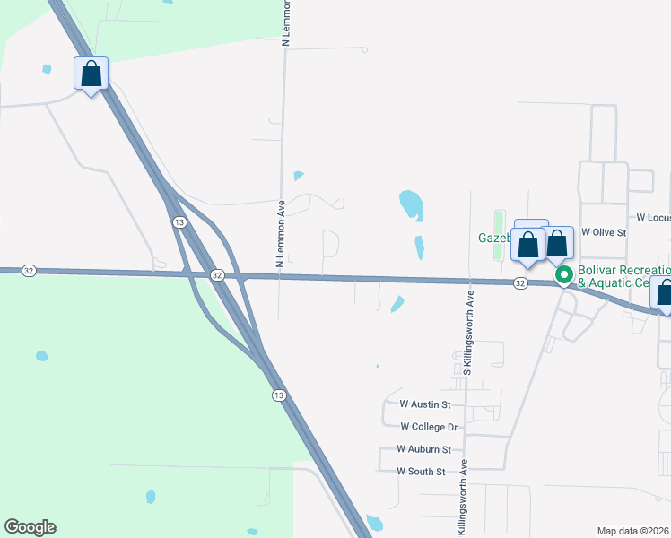map of restaurants, bars, coffee shops, grocery stores, and more near 2761 West Broadway Street in Bolivar