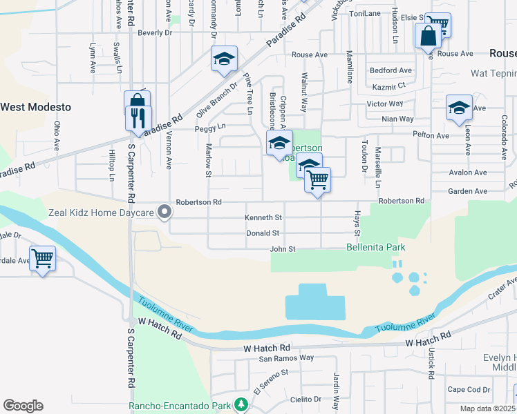 map of restaurants, bars, coffee shops, grocery stores, and more near 1330 Thomas Street in Modesto