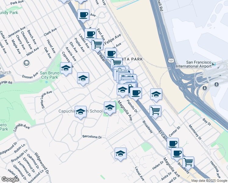 map of restaurants, bars, coffee shops, grocery stores, and more near 156 Park Place in Millbrae