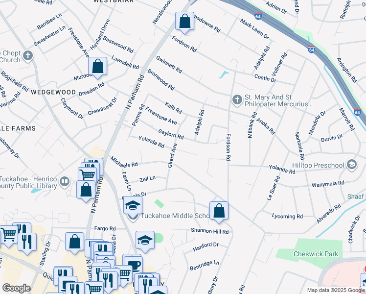 map of restaurants, bars, coffee shops, grocery stores, and more near 8318 Yolanda Road in Richmond