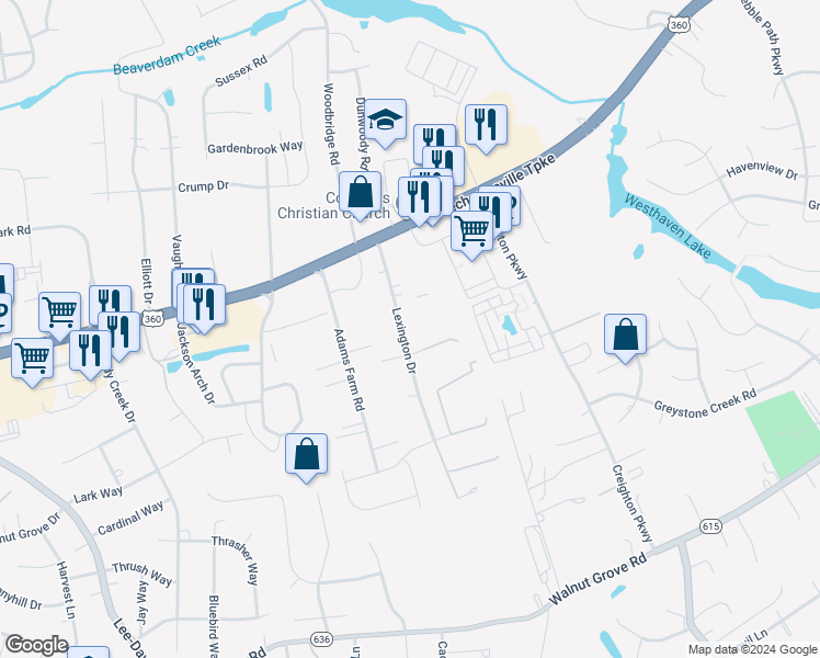 map of restaurants, bars, coffee shops, grocery stores, and more near 7448 Lexington Drive in Mechanicsville