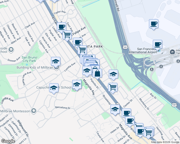 map of restaurants, bars, coffee shops, grocery stores, and more near 1641 El Camino Real in Millbrae