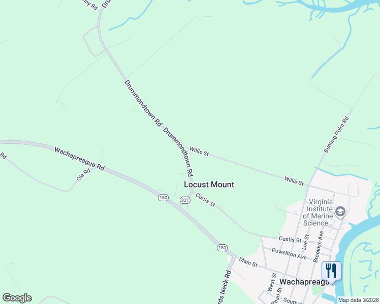 map of restaurants, bars, coffee shops, grocery stores, and more near Drummondtown Road in Melfa