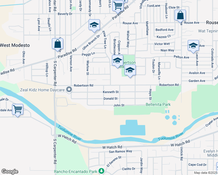 map of restaurants, bars, coffee shops, grocery stores, and more near 1330 Thomas Street in Modesto