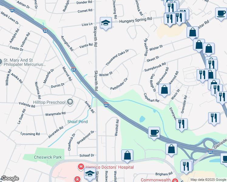 map of restaurants, bars, coffee shops, grocery stores, and more near 2307 Pathfinder Place in Richmond