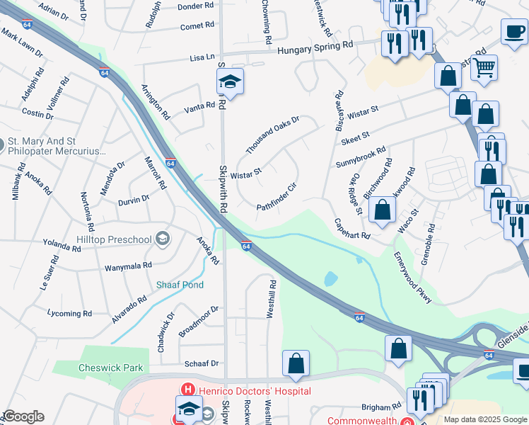 map of restaurants, bars, coffee shops, grocery stores, and more near 2307 Pathfinder Place in Richmond
