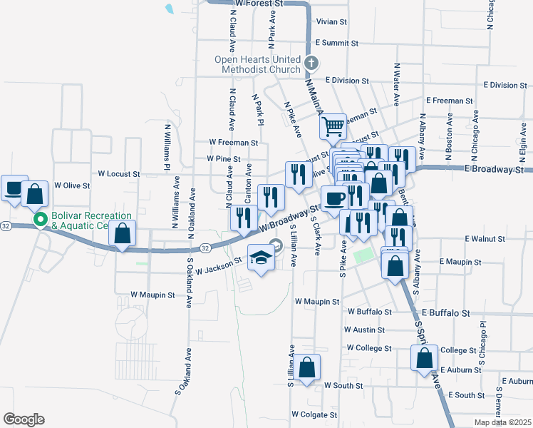 map of restaurants, bars, coffee shops, grocery stores, and more near 179 North Park Avenue in Bolivar