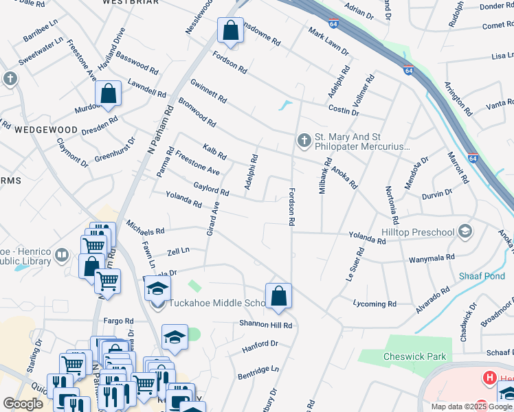 map of restaurants, bars, coffee shops, grocery stores, and more near 8301 Gaylord Road in Richmond
