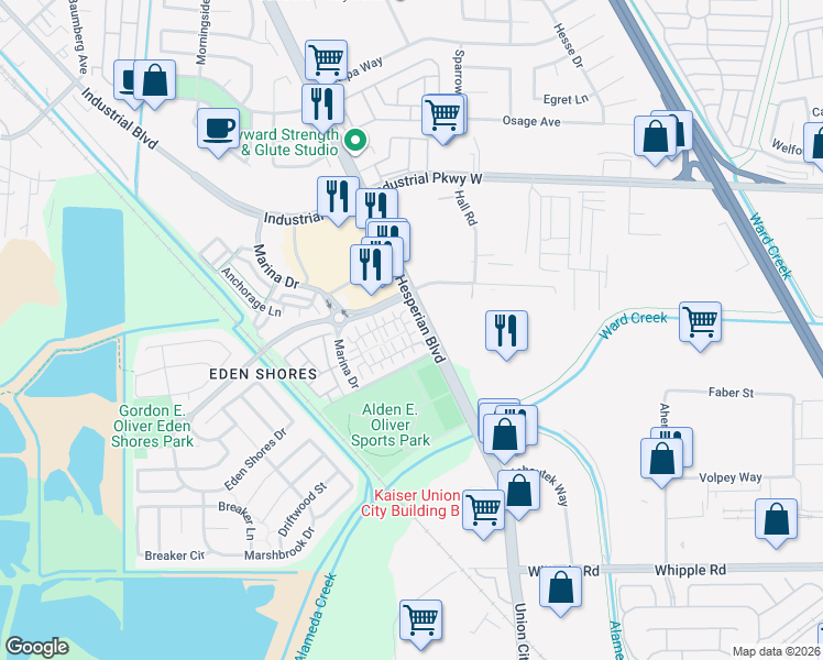 map of restaurants, bars, coffee shops, grocery stores, and more near 2632 Admiral Circle in Hayward