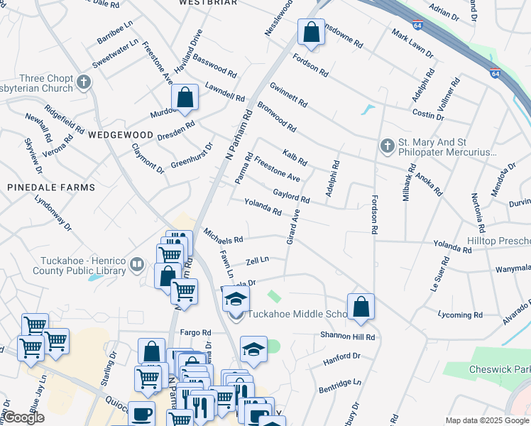 map of restaurants, bars, coffee shops, grocery stores, and more near 8411 Yolanda Road in Richmond