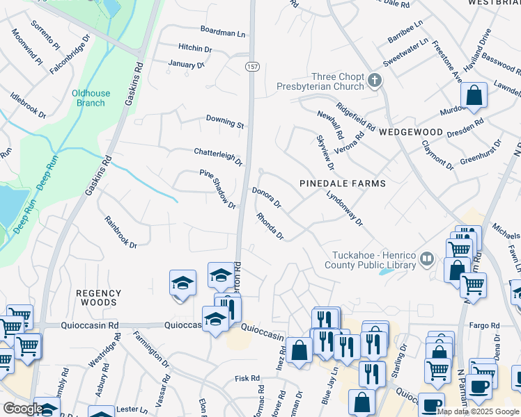 map of restaurants, bars, coffee shops, grocery stores, and more near 9412 Rhonda Drive in Richmond