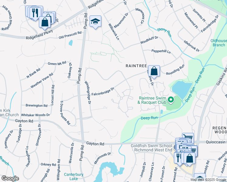 map of restaurants, bars, coffee shops, grocery stores, and more near 10421 Falconbridge Drive in Richmond