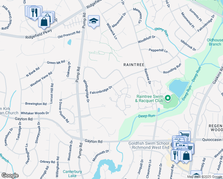 map of restaurants, bars, coffee shops, grocery stores, and more near 10421 Falconbridge Drive in Richmond