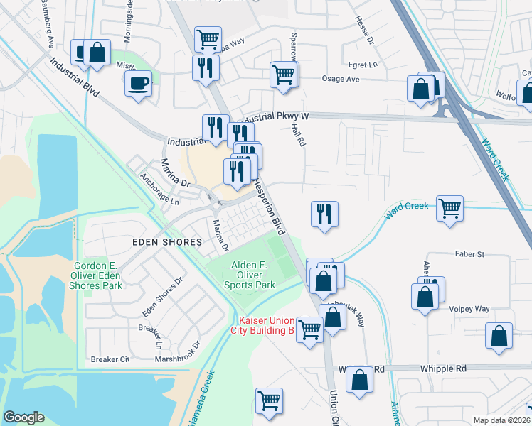 map of restaurants, bars, coffee shops, grocery stores, and more near 2632 Admiral Circle in Hayward