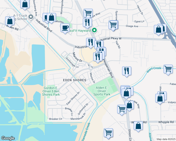 map of restaurants, bars, coffee shops, grocery stores, and more near 29022 Caravan Lane in Hayward