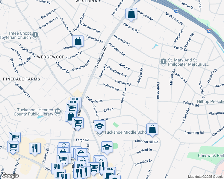 map of restaurants, bars, coffee shops, grocery stores, and more near 8411 Yolanda Road in Richmond