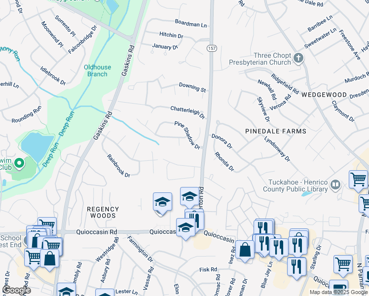 map of restaurants, bars, coffee shops, grocery stores, and more near 1603 Taymat Court in Henrico
