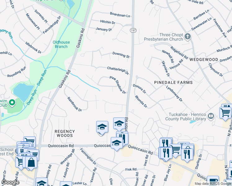map of restaurants, bars, coffee shops, grocery stores, and more near 1603 Taymat Court in Henrico