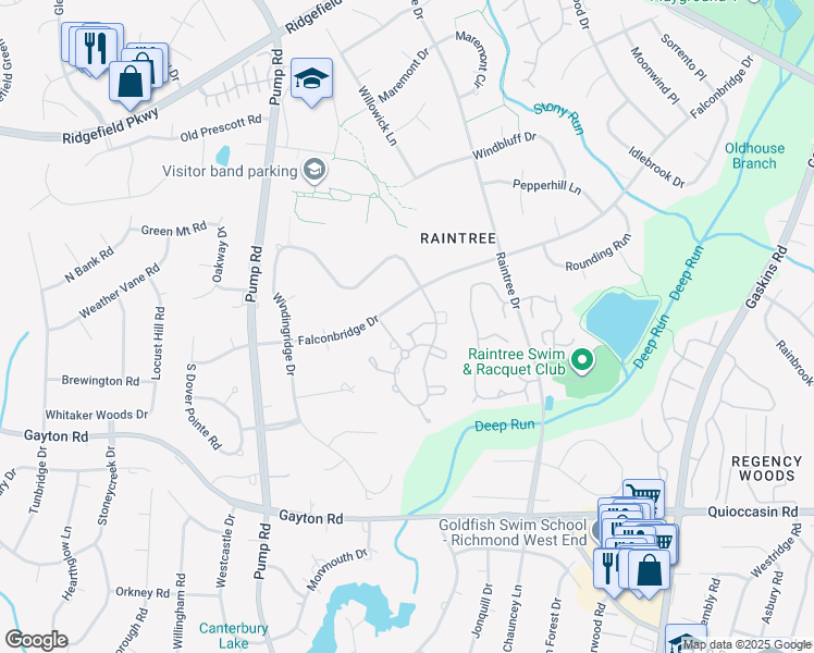 map of restaurants, bars, coffee shops, grocery stores, and more near 1800 Fairwind Circle in Richmond