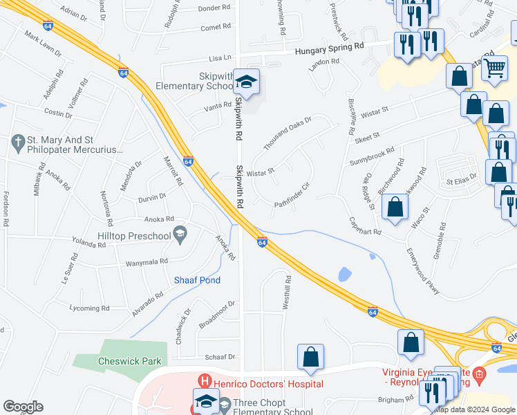 map of restaurants, bars, coffee shops, grocery stores, and more near 2303 Pathfinder Court in Richmond