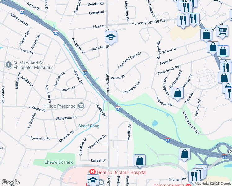 map of restaurants, bars, coffee shops, grocery stores, and more near 2303 Pathfinder Court in Richmond