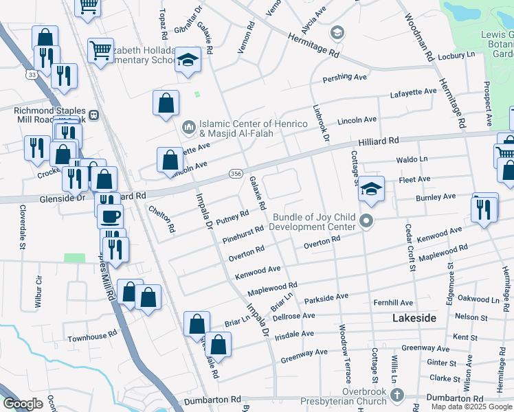 map of restaurants, bars, coffee shops, grocery stores, and more near 6900 Galaxie Road in Richmond