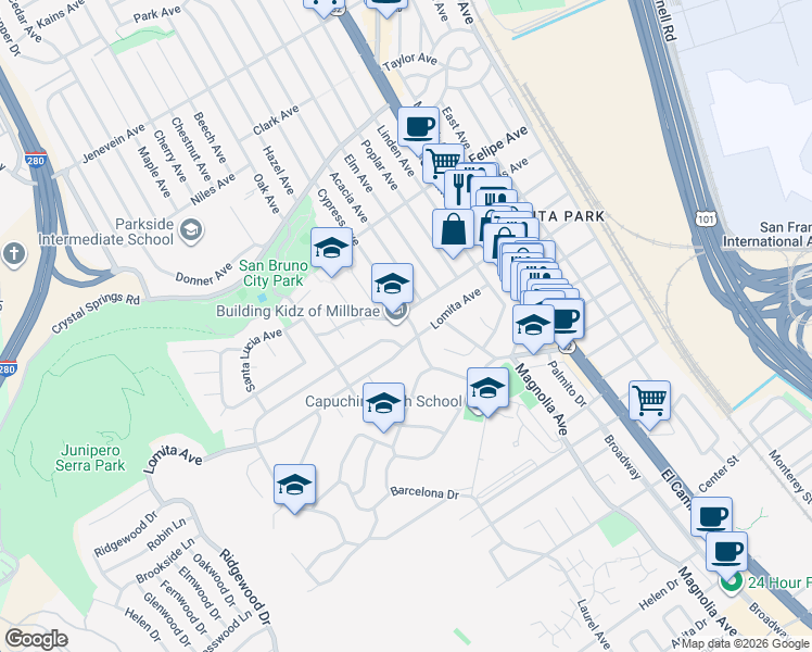 map of restaurants, bars, coffee shops, grocery stores, and more near 408 Cypress Avenue in Millbrae
